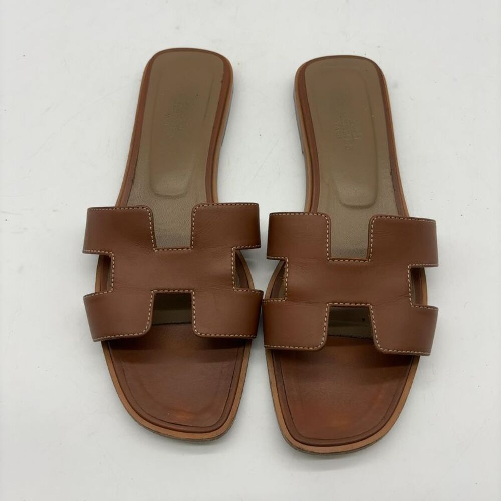 Hermes Brown Leather H Slide Mules
